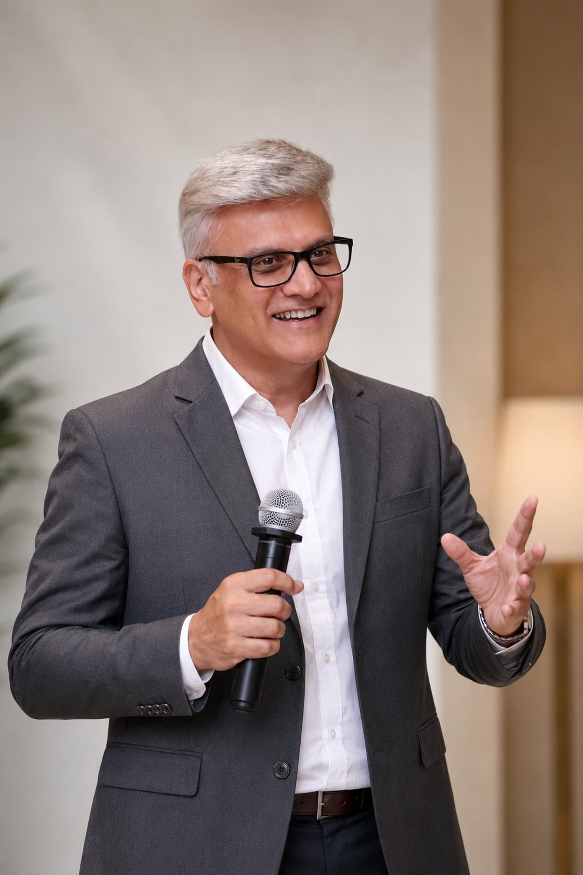 Sanjay Kanakia speaking, microphone in hand
