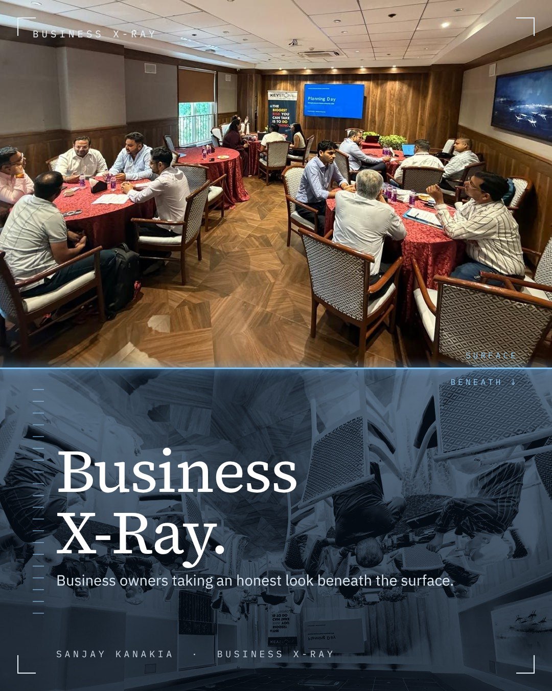 Business owners at work in a Business X-Ray workshop, with the lower half of the picture shown as an X-ray