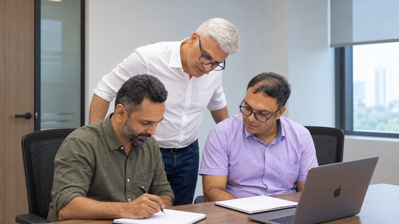 Sanjay Kanakia working through a plan with two business owners